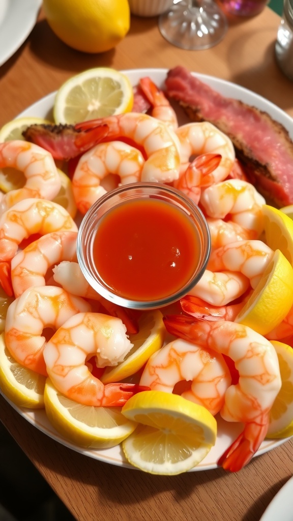 Elegant shrimp cocktail with pink shrimp, lemon wedges, and cocktail sauce on a platter.